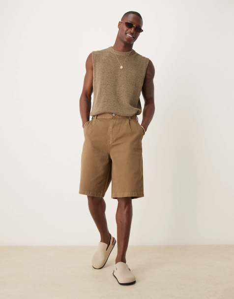 ASOS DESIGN long length shorts with pleats and double darts in tan