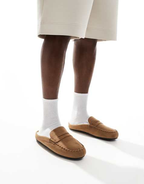 ASOS DESIGN – Jasnobrązowe wsuwane kapcie mokasyny podszyte sztucznym futrem - view 1