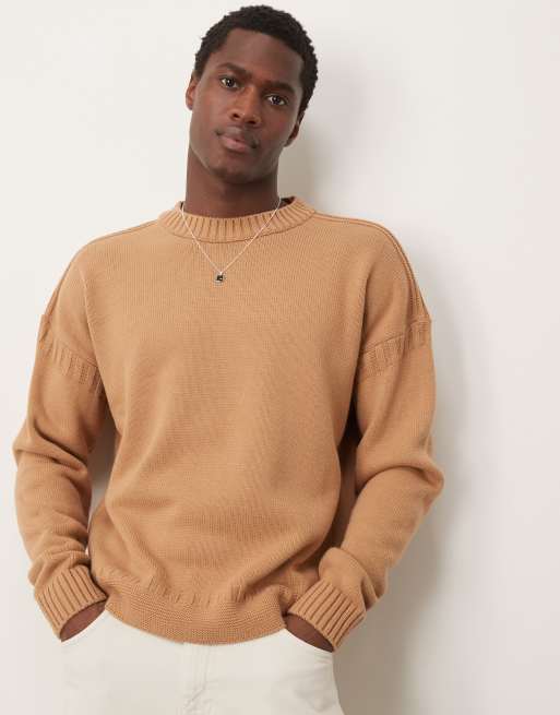 ASOS DESIGN – Jasnobrązowy dzianinowy sweter o luźnym kroju ze wstawkami o ozdobnym ściegu