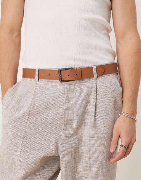 ASOS DESIGN – Jasnobrązowy elegancki wąski pasek z imitacji skóry z kontrastową klamrą - view 1