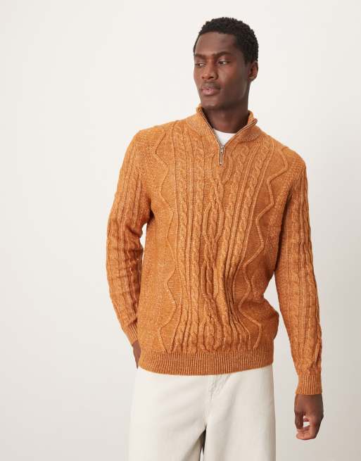 ASOS DESIGN – Jasnobrązowy gruby sweter z dzianiny o warkoczowym splocie z suwakiem pod szyją
