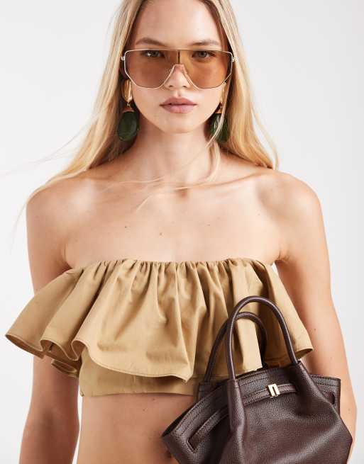 ASOS DESIGN – Jasnobrązowy zestaw z popeliny z króciutkim topem z falbanką, 2 z 3