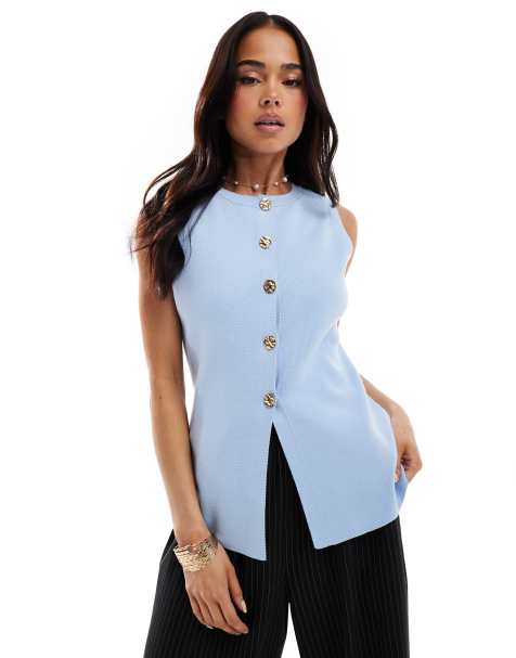 ASOS DESIGN knitted crew neck structured waistcoat with gold button detail in baby blue