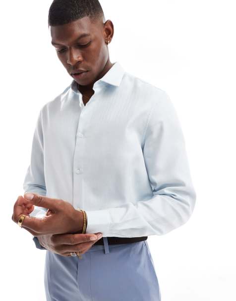 ASOS DESIGN formal easy iron regular shirt in herringbone texture in light blue