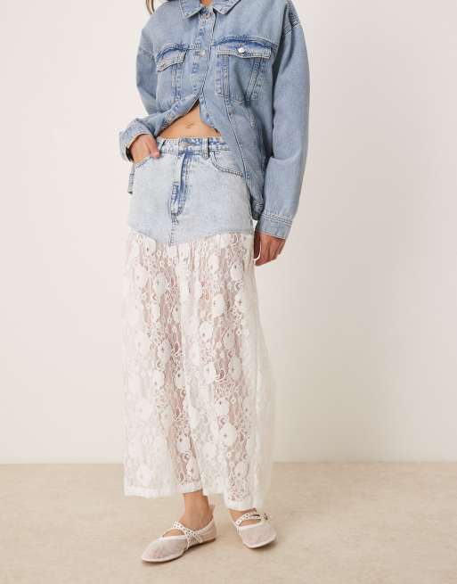 ASOS DESIGN – Jasnoniebieska jeansowa spódnica maxi z koronkowym dołem, 3 z 5