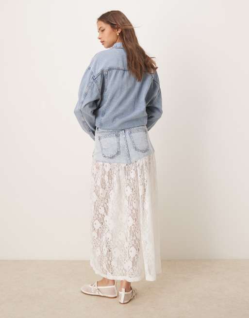ASOS DESIGN – Jasnoniebieska jeansowa spódnica maxi z koronkowym dołem, 5 z 5