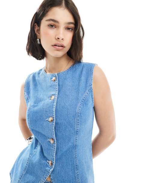 ASOS DESIGN crew neck waistcoat co-ord in light midwash