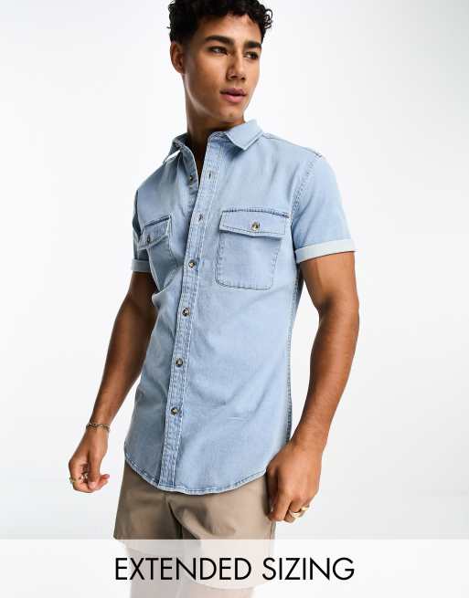 ASOS DESIGN – Jasnoniebieska koszula jeansowa o obcisłym kroju z krótkimi rękawami