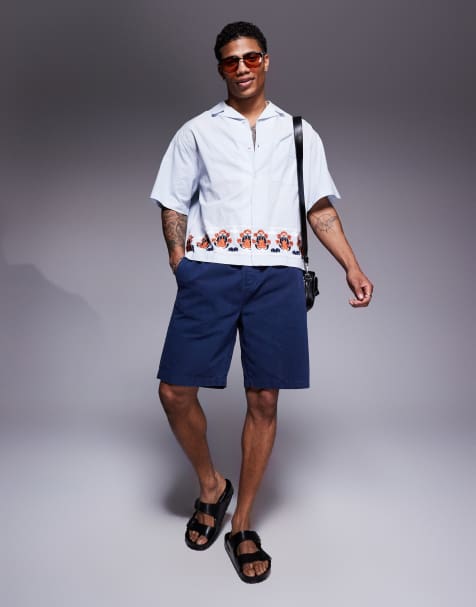 ASOS DESIGN premium boxy oversized shirt with embroidery in light blue