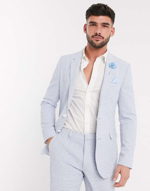 ASOS DESIGN Wedding – Jasoniebieski   obcisły garnitur w kratę z gofrowanej tkaniny, 2 z 3