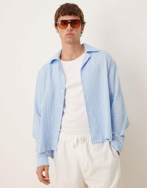 ASOS DESIGN long sleeved sheer stripe shirt in pale blue