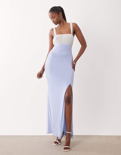 ASOS DESIGN mesh spot micro ruched bust maxi with thigh high split in pale blue
