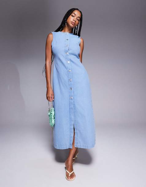ASOS DESIGN round neck denim maxi dress with button front opening in bleach