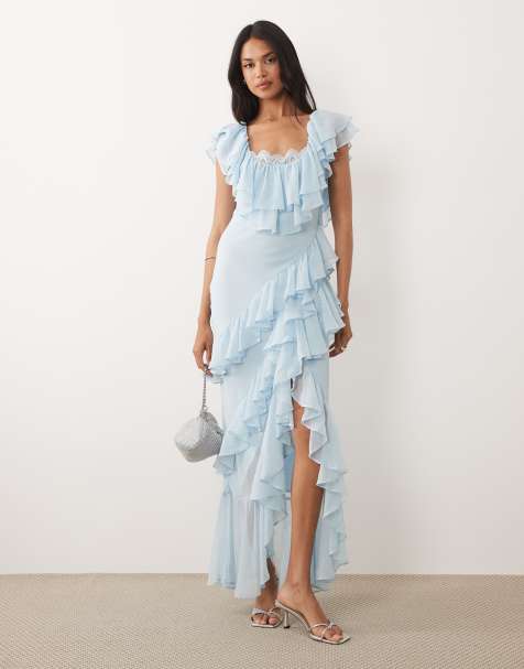 ASOS DESIGN – Jasnoniebieska sukienka maxi z falbanką i koronkowym zdobieniem - view 1