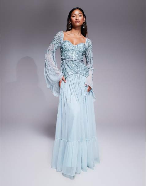 ASOS DESIGN fluted sleeve maxi dress with placement embellishment in aqua blue 