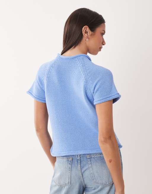 ASOS DESIGN – Jasnoniebieski dzianinowy T-shirt z dekoltem w łódkę, 4 z 4