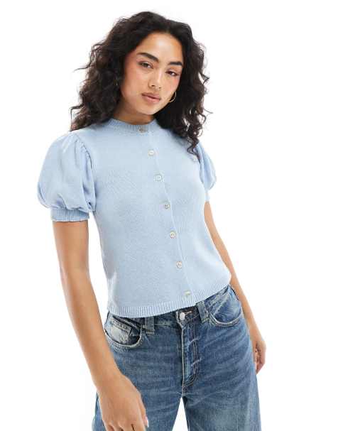 - ASOS DESIGN puff sleeve cardigan in light blue