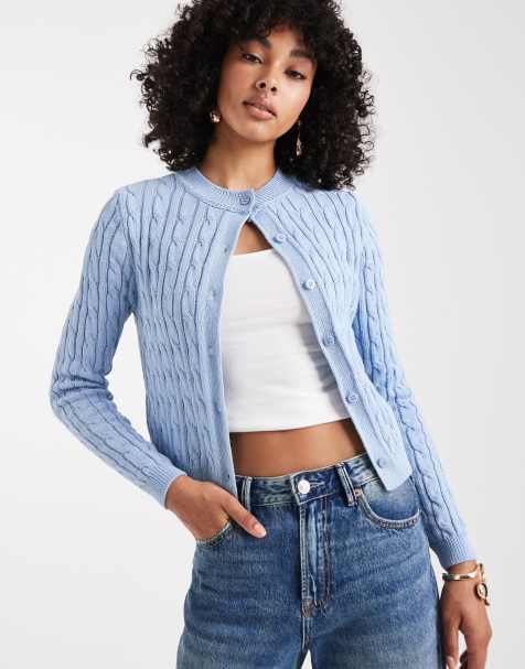 ASOS DESIGN knitted mini cable stitch cardigan in pale blue