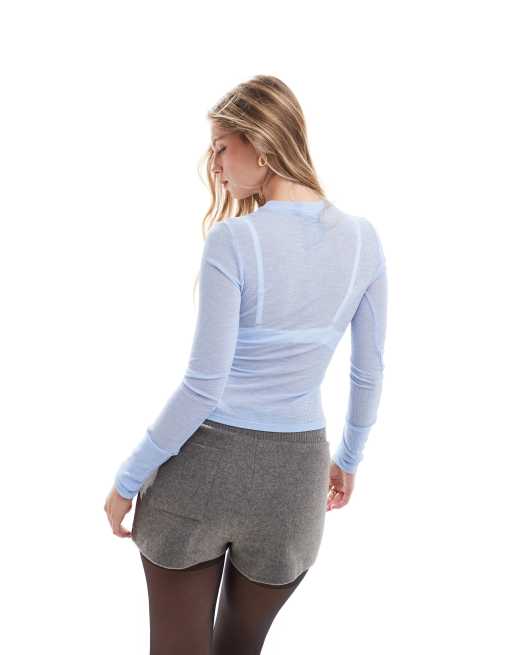 ASOS DESIGN – Jasnoniebieski prążkowany top termiczny z siateczki z okrągłym dekoltem, 3 z 4