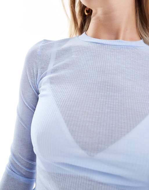 ASOS DESIGN – Jasnoniebieski prążkowany top termiczny z siateczki z okrągłym dekoltem, 4 z 4