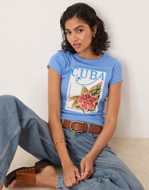 ASOS DESIGN – Jasnoniebieski przylegający T-shirt z grafiką znaczka pocztowego z Kuby - view 1