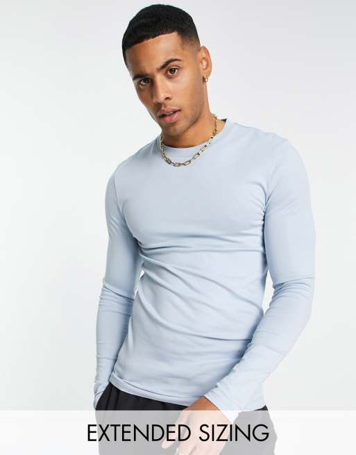ASOS DESIGN – Jasnoniebieski T-shirt o kroju podkreślającym sylwetkę z okrągłym dekoltem i długimi rękawami
