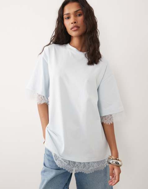 ASOS DESIGN – Jasnoniebieski T-shirt oversize z koronką u dołu - view 1