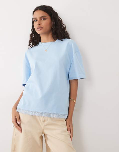 ASOS DESIGN – Jasnoniebieski T-shirt oversize z koronkowym wykończeniem, część zestawu - view 1