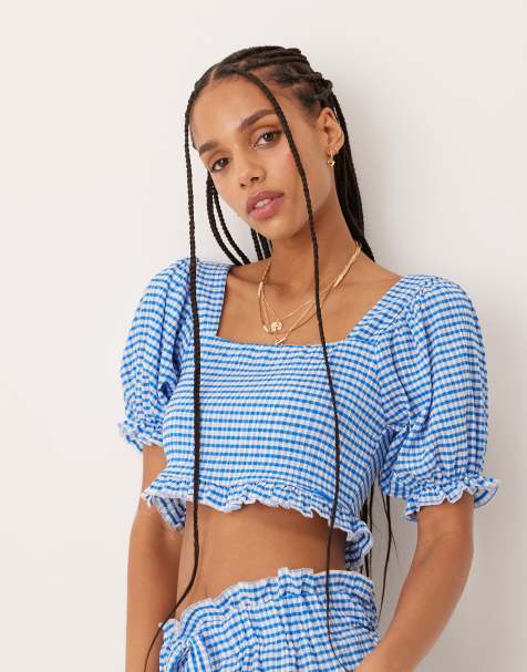 ASOS DESIGN puff sleeve milkmaid top co-ord in light blue gingham