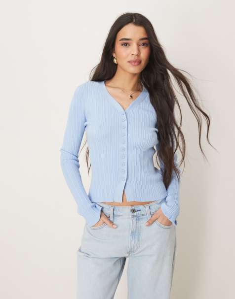 ASOS DESIGN button front v neck cardigan with frill in rib in light blue