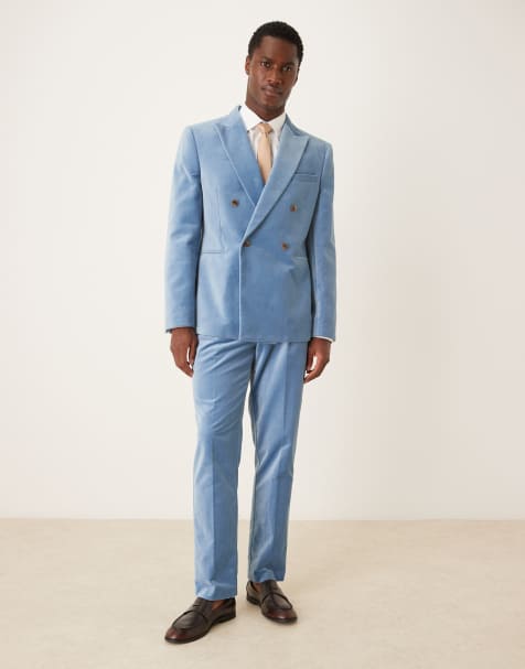 ASOS DESIGN slim pleat front suit trousers in light blue cotton velvet