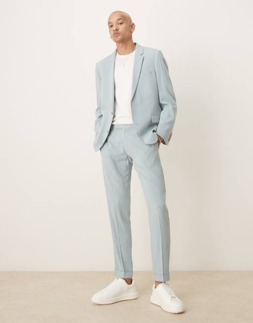 ASOS DESIGN – Jasnoniebieskie dopasowane spodnie garniturowe z materiału z dodatkiem lnu z drobną fakturą
