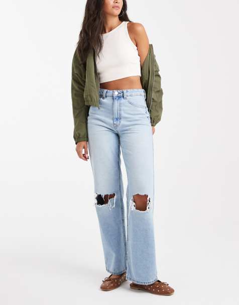 ASOS DESIGN wide leg dad jeans in lightwash with knee rips