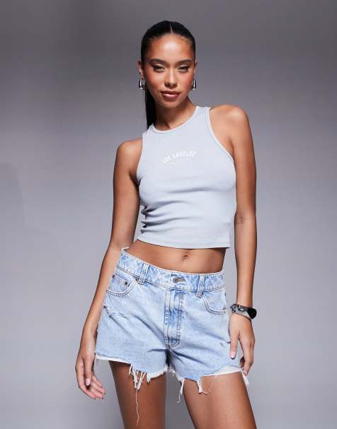 ASOS DESIGN denim relaxed short with rips in pale wash