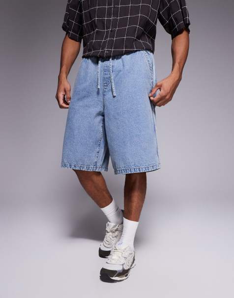 ASOS DESIGN – Jasnoniebieskie wciągane jeansowe jortsy o wydłużonym fasonie z lampasami - view 1