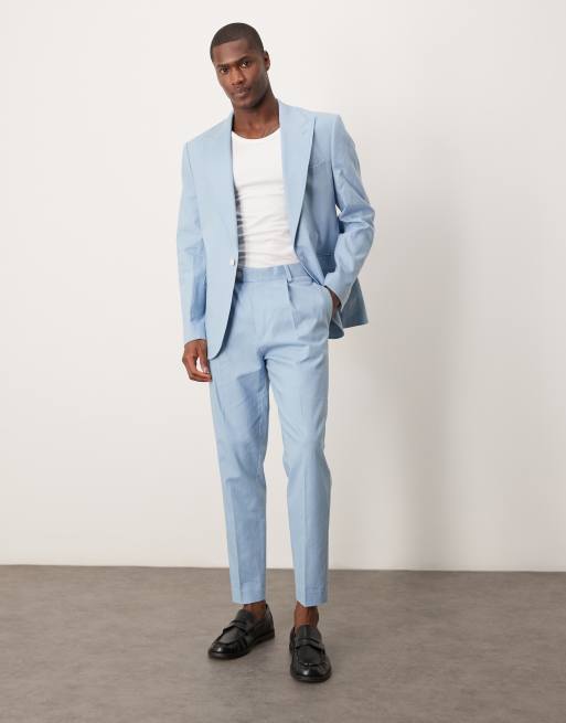 ASOS DESIGN – Jasnoniebieskie zwężane garniturowe spodnie chinosy z mieszanki lnianej