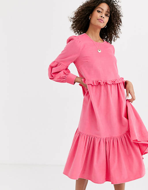 ASOS DESIGN – Jasnoróżowa luźna sukienka midi ze sztruksu