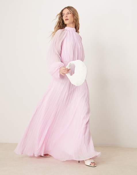 ASOS DESIGN crinkle pleat blouson sleeve high neck maxi dress in light pink