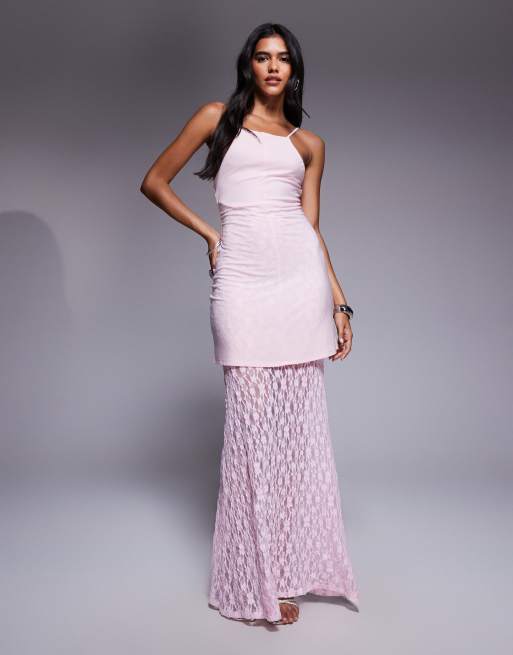 ASOS DESIGN – Jasnoróżowa sukienka maxi z zabudowanym dekoltem, wzorzystą górą i prześwitującą spódnicą