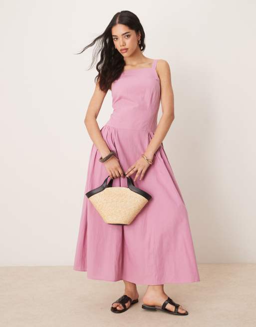 ASOS DESIGN – Jasnoróżowa sukienka midi z kwadratowym dekoltem i obniżoną talią