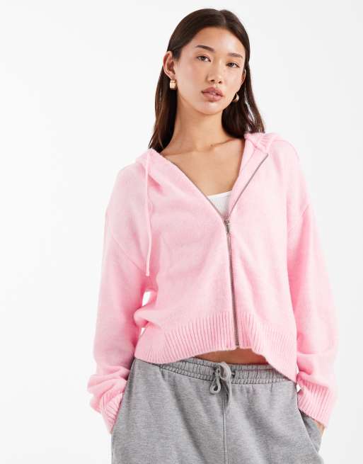 ASOS DESIGN – Jasnoróżowa zapinana na zamek bluza z kapturem z puszystej dzianiny