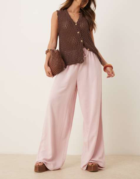 ASOS DESIGN linen blend pull on trouser in dusty pink 