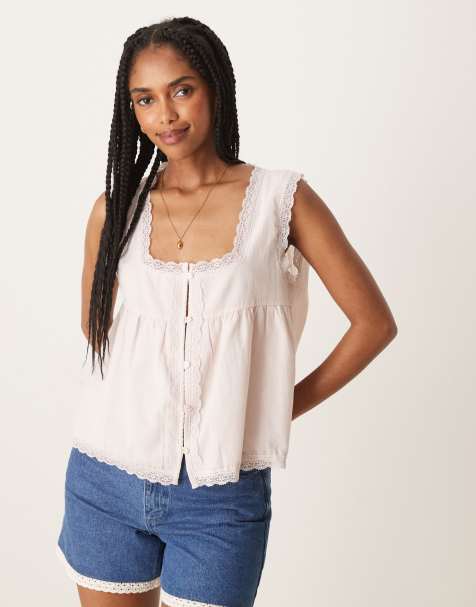 ASOS DESIGN cotton lace trim babydoll top in light pink