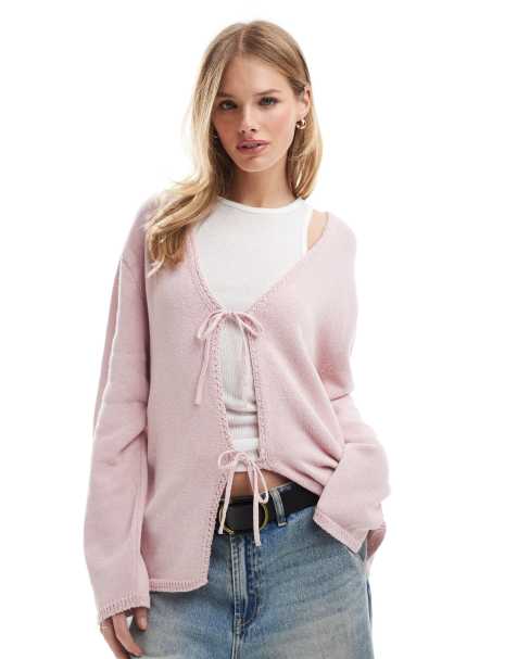ASOS DESIGN v neck knitted oversized tie front cardigan in light pink