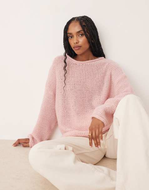 ASOS DESIGN knitted relaxed slash neck jumper with rolled edge detail in light pink