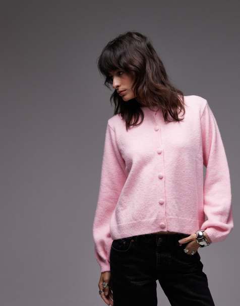 ASOS DESIGN fluffy knitted cardigan with blouson sleeve detail in light pink