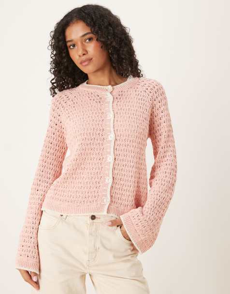 ASOS DESIGN crochet stitch cardigan with blanket stitch in light pink