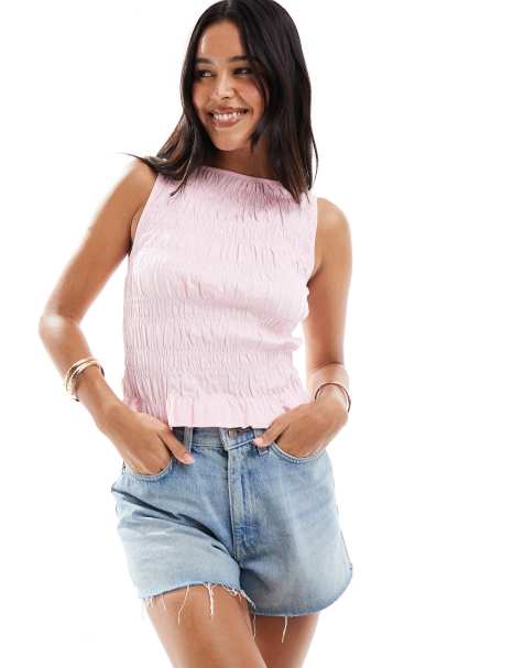 ASOS DESIGN irregular shirred tank in baby pink