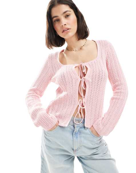 ASOS DESIGN knitted tie front cardigan in light pink