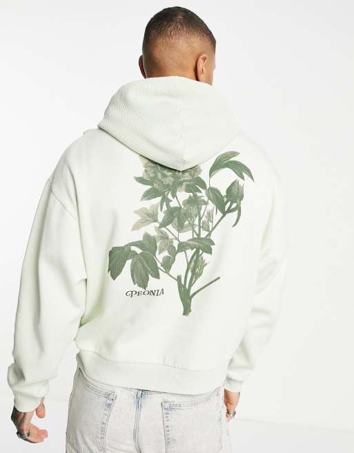 ASOS DESIGN – Jasnoszara bluza z kapturem oversize z kontrastowymi prążkowanymi wstawkami i kwiatową grafiką na plecach